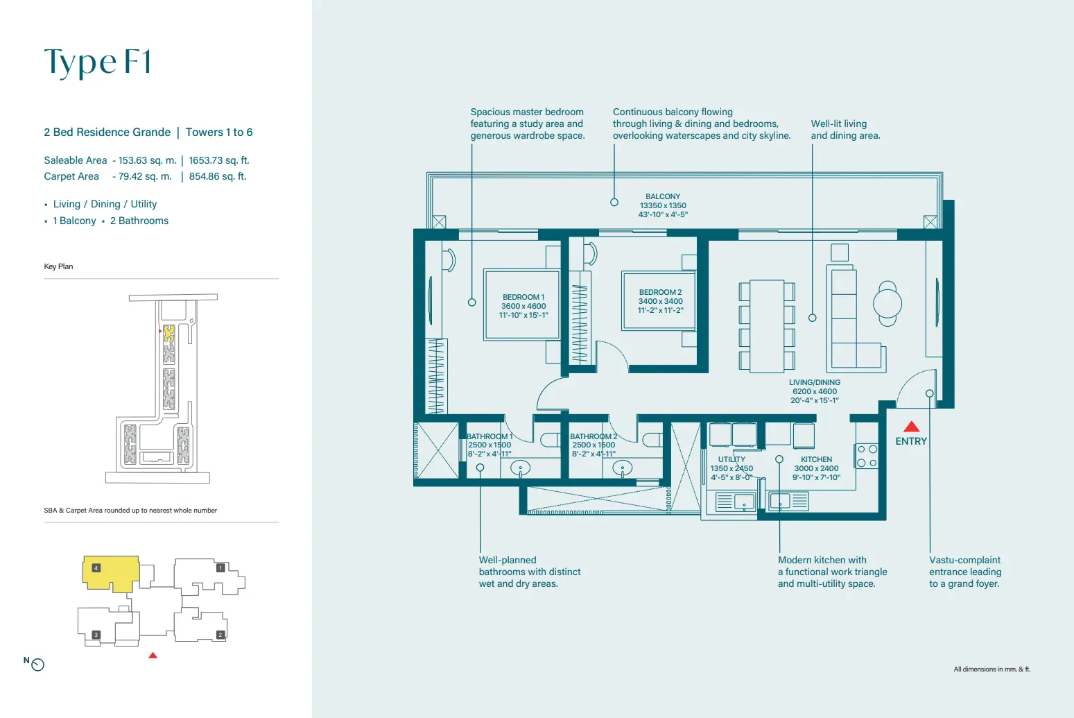 2 BHK Grande floor plan — Type F1, Sobha Rivana