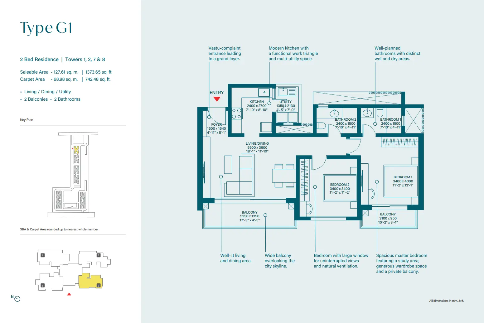 2 BHK floor plan — Type G1, Sobha Rivana