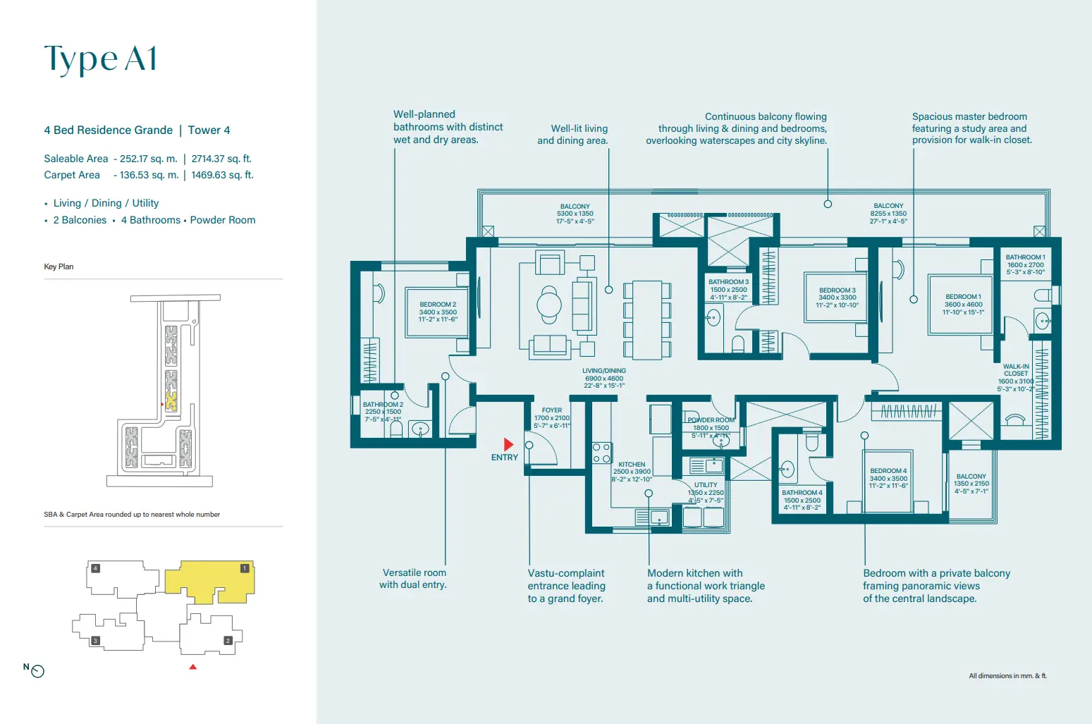 4 BHK Grande floor plan — Type A1, Sobha Rivana